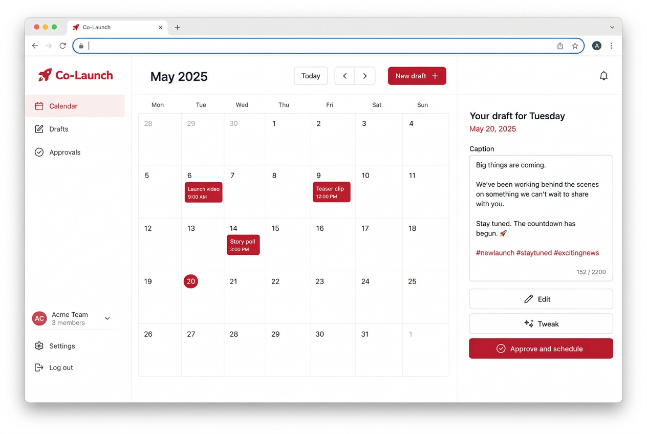 Co-Launch content calendar with a ready to post draft